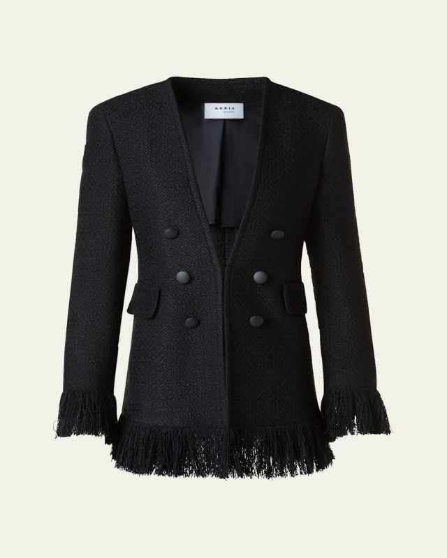 Double-Breasted Illusion Boucle Tweed Fringed Jacket